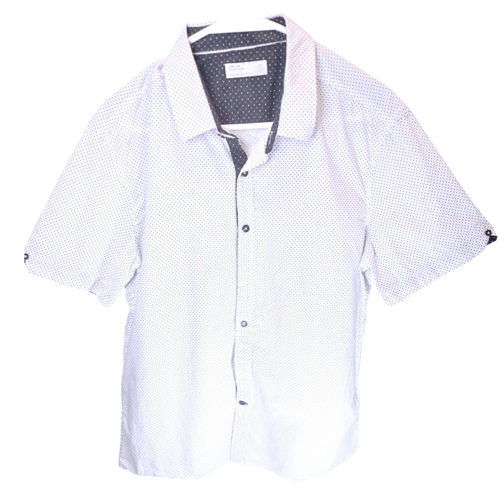 Level Ten Mens White Navy Polka Dot Short Sleeve Button Down Shirt Large